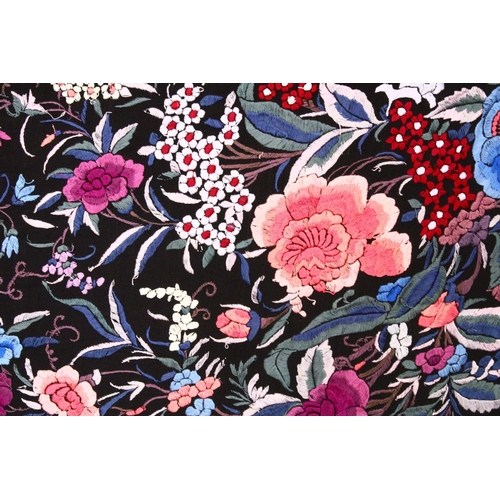 137 - A 20TH CENTURY CHINESE EMBROIDERED BLACK SILK PIANO SHAWL / TEXTILE, with floral embroidery and lace... 