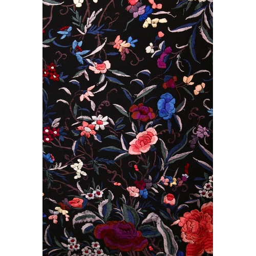 137 - A 20TH CENTURY CHINESE EMBROIDERED BLACK SILK PIANO SHAWL / TEXTILE, with floral embroidery and lace... 