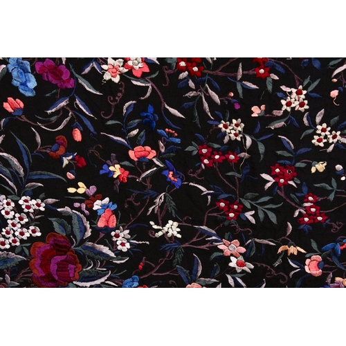 137 - A 20TH CENTURY CHINESE EMBROIDERED BLACK SILK PIANO SHAWL / TEXTILE, with floral embroidery and lace... 