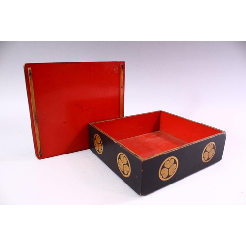 145 - A JAPANESE LACQUER BOX AND COVER, decorated with circular mon, 22cm x 20cm.