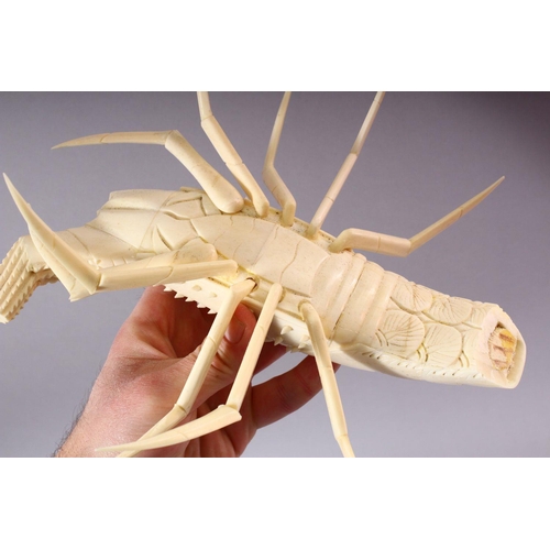 146 - A PAIR OF JAPANESE 20TH CENTURY CARVED BONE MODELS OF CRAYFISH, 30cm long.