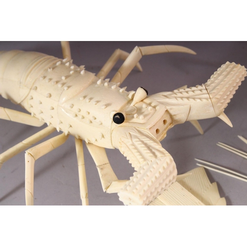 147 - A PAIR OF JAPANESE 20TH CENTURY CARVED BONE MODELS OF CRAYFISH, 30cm long.