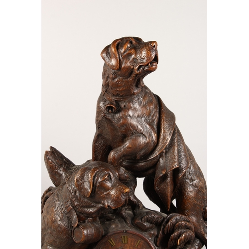 1195A - A VERY GOOD ANTIQUE BLACK FOREST CLOCK CARVED WITH TWO SAINT BERNARD DOGS, one with a bell around hi... 