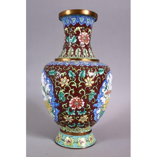 154 - A GOOD 20TH CENTURY CHINESE ENAMEL VASE - ith a cafe au lait ground and panels of birds amongst flor... 