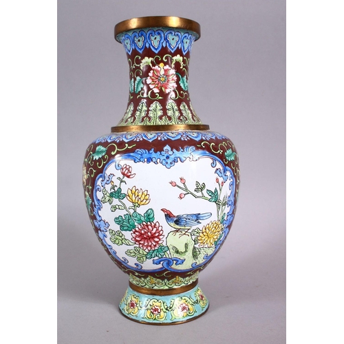 154 - A GOOD 20TH CENTURY CHINESE ENAMEL VASE - ith a cafe au lait ground and panels of birds amongst flor... 