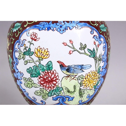 154 - A GOOD 20TH CENTURY CHINESE ENAMEL VASE - ith a cafe au lait ground and panels of birds amongst flor... 