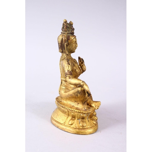 155 - A GOOD CHINESE QING DYNASTY GILT BRONZE FIGURE OF BUDDHA, in a seated position upon a lotus form bas... 