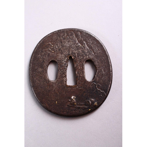 158 - TWO 19TH CENTURY JAPANESE CAST IRON TSUBA, each with engraved and inlaid decoration, 7cm and 7.5cm.