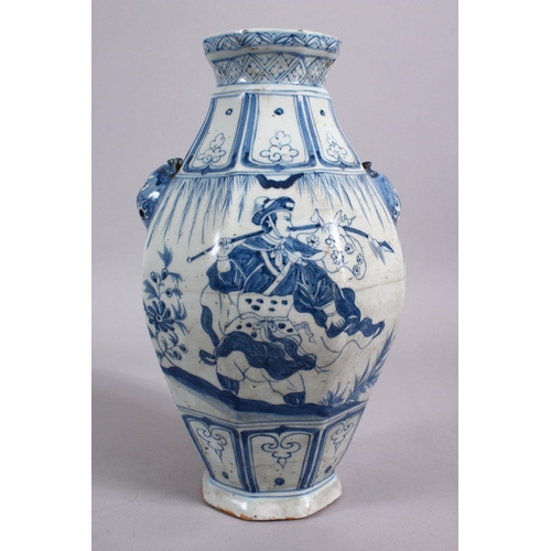 160 - A CHINESE YAN STYLE BLUE & WHITE TWIN HANDLE PORCELAIN VASE, decorated with scenes of a warrior upon... 