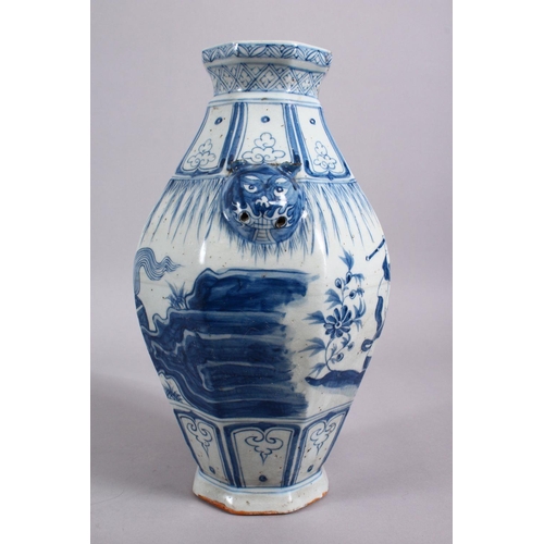 160 - A CHINESE YAN STYLE BLUE & WHITE TWIN HANDLE PORCELAIN VASE, decorated with scenes of a warrior upon... 