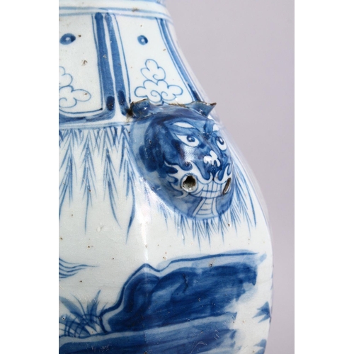 160 - A CHINESE YAN STYLE BLUE & WHITE TWIN HANDLE PORCELAIN VASE, decorated with scenes of a warrior upon... 