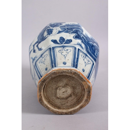 160 - A CHINESE YAN STYLE BLUE & WHITE TWIN HANDLE PORCELAIN VASE, decorated with scenes of a warrior upon... 