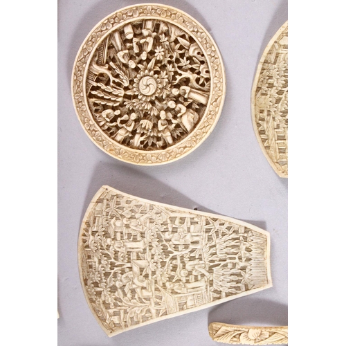 167 - A COLLECTION OF LATE 19TH CENTURY CANTON CARVED IVORY PANELS, and related items.