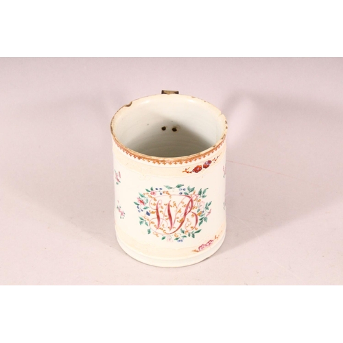 177 - A 19TH CENTURY CHINESE FAMILLE ROSE EXPORT TANKARD, painted with monogram and floral sprays (AF), 14... 