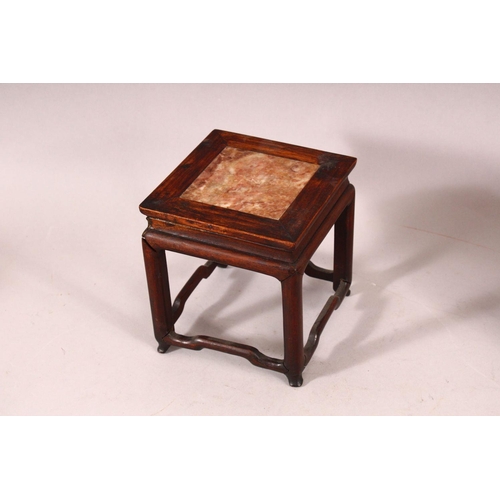 178 - A CHINESE MINIATURE MARBLE TOP HARDWOOD STAND, 14cm high, a pair of circular stands and another stan... 