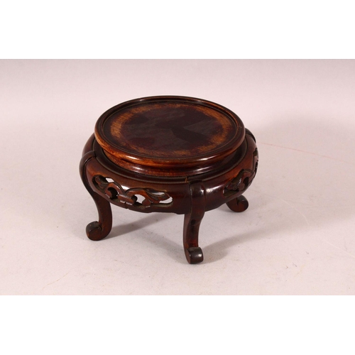 178 - A CHINESE MINIATURE MARBLE TOP HARDWOOD STAND, 14cm high, a pair of circular stands and another stan... 