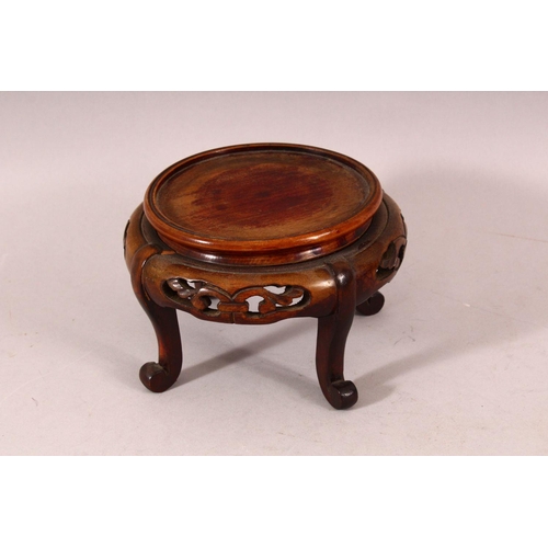 178 - A CHINESE MINIATURE MARBLE TOP HARDWOOD STAND, 14cm high, a pair of circular stands and another stan... 