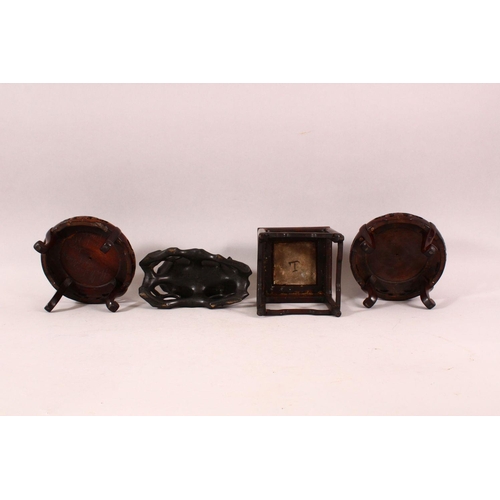 178 - A CHINESE MINIATURE MARBLE TOP HARDWOOD STAND, 14cm high, a pair of circular stands and another stan... 