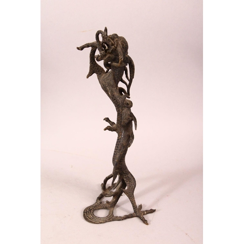 183 - A PAIR OF CHINESE CAST BRONZE DRAGONS, standing on their hind legs, 35cm high.