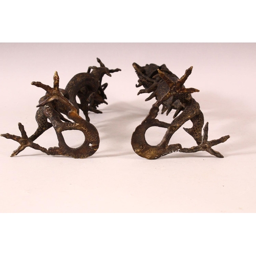 183 - A PAIR OF CHINESE CAST BRONZE DRAGONS, standing on their hind legs, 35cm high.