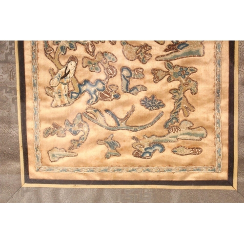 186 - A MID 20TH CENTURY OR EARLIER CHINESE SILKWORK PICTURE depicting figures and trees, framed and glaze... 