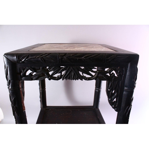 19 - A 19TH CENTURY CHINESE CARVED BAMBOO HARDWOOD MARBLE TOP PLANT STAND, the top inset with a square ma... 