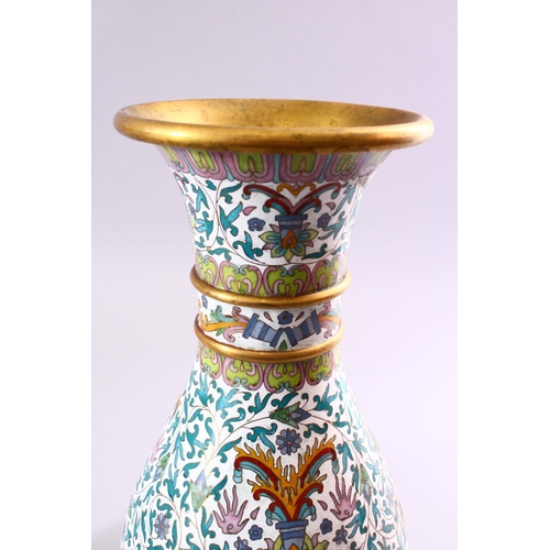 192 - A PAIR OF CHINESE CLOISONNE BALUSTER SHAPE VASES, with floral sprays and lotus flowers, 31cm.