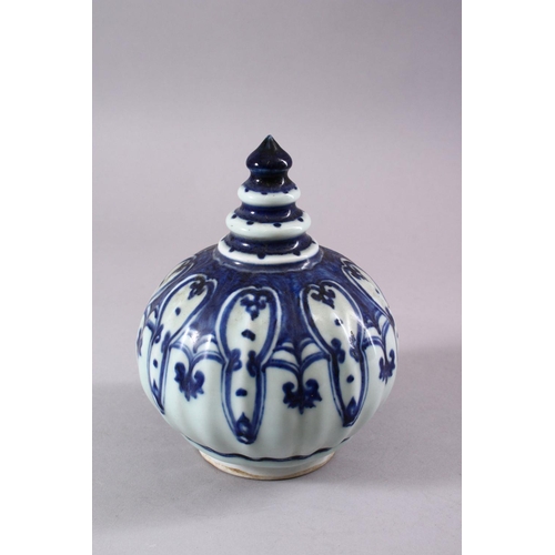 193 - A LARGE KANGXI STYLE RIBBED PEAR-SHAPED BOTTLE VASE AND COVER, painted with panels of dragons, phoen... 