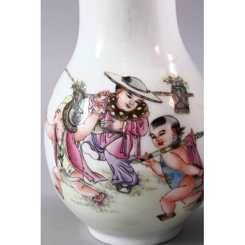 194 - A PAIR OF CHINESE REPUBLICAN STYLE PORCELAIN VASES, each painted with scenes of playful treatment, 1... 