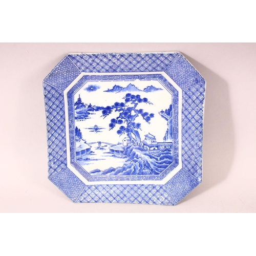 196 - A PAIR OF CHINESE BLUE AND WHITE OCTAGONAL SHAPED PORCELAIN DISHES, each painted to the centre with ... 