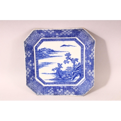 196 - A PAIR OF CHINESE BLUE AND WHITE OCTAGONAL SHAPED PORCELAIN DISHES, each painted to the centre with ... 