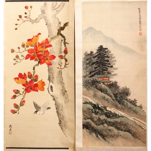 199 - FOUR CHINESE SCROLL PAINTINGS, early 20th Century and later, two mountainous landscapes, another wit... 