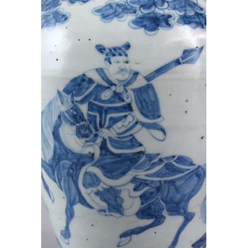 207 - A CHINESE MING STYLE BLUE & WHITE PORCELAIN MEIPING VASE, decorated with views of warriors upon hors... 