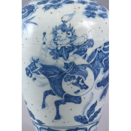 207 - A CHINESE MING STYLE BLUE & WHITE PORCELAIN MEIPING VASE, decorated with views of warriors upon hors... 