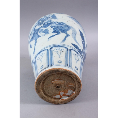 207 - A CHINESE MING STYLE BLUE & WHITE PORCELAIN MEIPING VASE, decorated with views of warriors upon hors... 