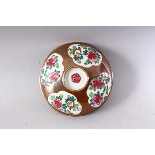 215 - A 19TH CENTURY CHINESE CAFE AU LAIT GLAZED BOWL AND COVER, painted with panels of chrysanthemums, 17... 