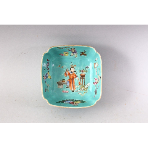 216 - A CHINESE DAOGUANG SQUARE SHAPED BOWL with turquoise ground, the interior painted with figures and o... 