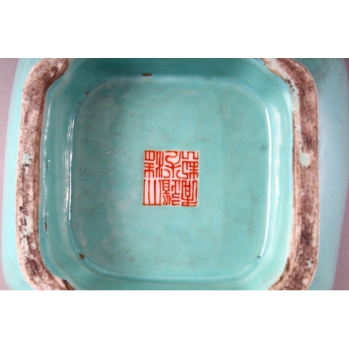 216 - A CHINESE DAOGUANG SQUARE SHAPED BOWL with turquoise ground, the interior painted with figures and o... 