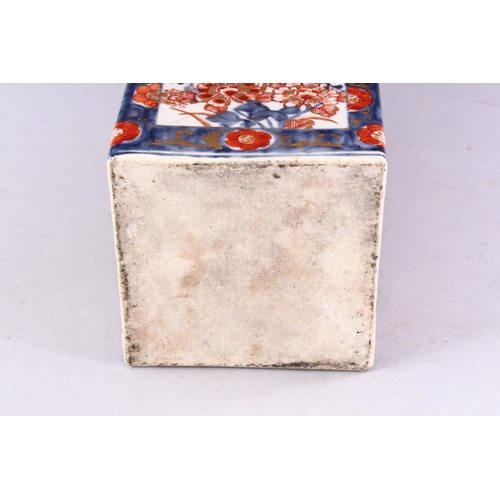 219 - A 19TH CENTURY JAPANESE IMARI SQUARE SHAPED TEA CADDY AND COVER, painted with panels of chrysanthemu... 