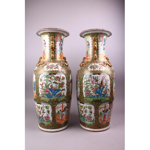 222 - A GOOD LARGE PAIR OF 19TH CENTURY CHINESE CANTON FAMILLE ROSE PORCELAIN VASES, decorated with panels... 