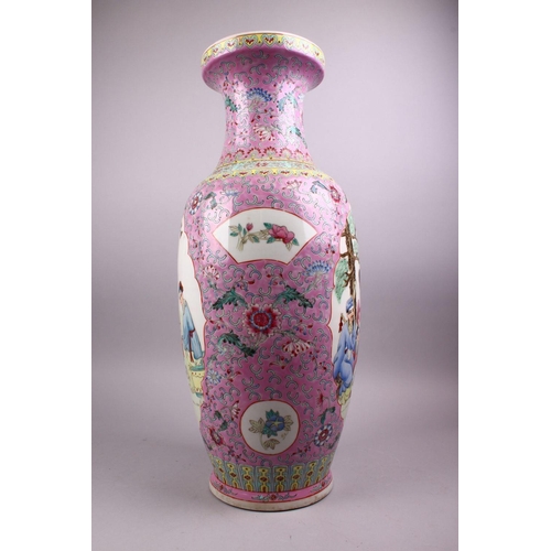 223 - A LARGE CHINESE REPUBLIC STYLE FAMILLE ROSE PORCELAIN VASE, with a pink ground  and panles depicting... 