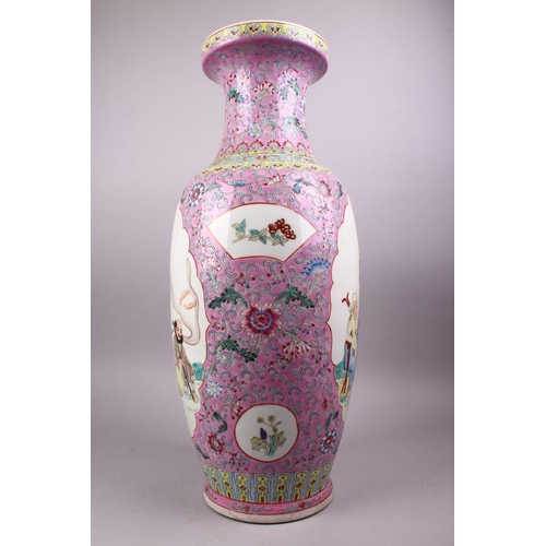 223 - A LARGE CHINESE REPUBLIC STYLE FAMILLE ROSE PORCELAIN VASE, with a pink ground  and panles depicting... 