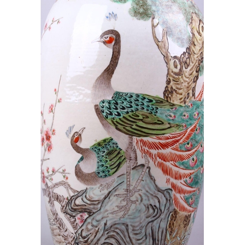 224 - A LARGE CHINESE FAMILLE ROSE PORCELAIN PEACOCK VASE, with decoration of peacocks in landscapes among... 