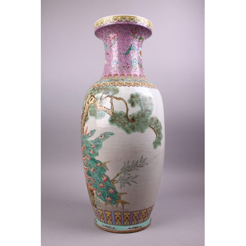 224 - A LARGE CHINESE FAMILLE ROSE PORCELAIN PEACOCK VASE, with decoration of peacocks in landscapes among... 