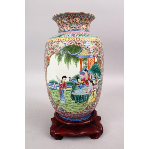 228 - A GOOD CHINESE REPUBLIC PERIOD FAMILLE ROSE PORCELAIN LANTERN VASE & STAND, decorated with panels of... 