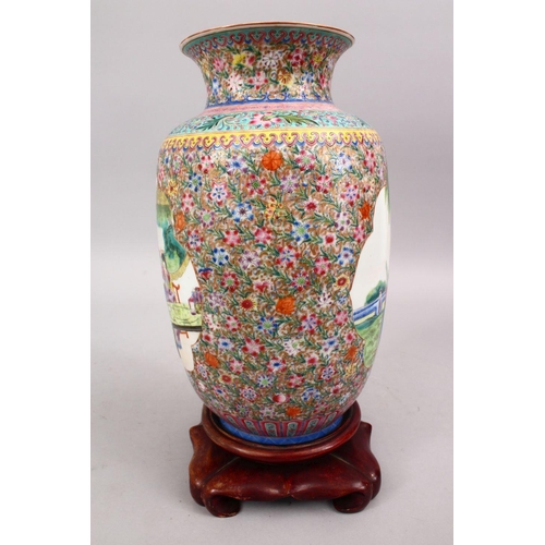 228 - A GOOD CHINESE REPUBLIC PERIOD FAMILLE ROSE PORCELAIN LANTERN VASE & STAND, decorated with panels of... 