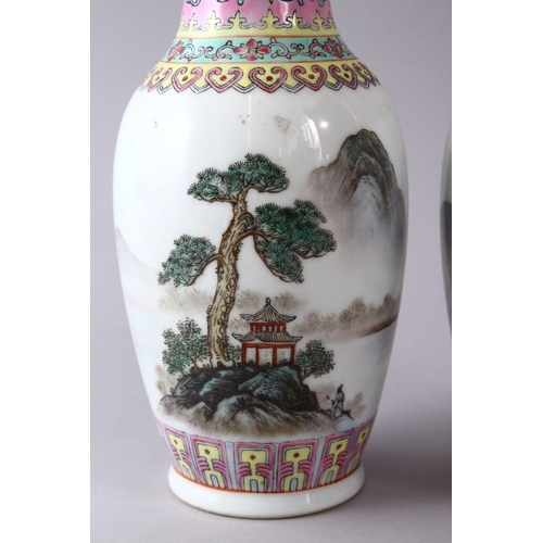 229 - A PAIR OF CHINESE REPUBLIC STYLE FAMILLE ROSE PORCELAIN VASES, decorated with landscape scenes water... 