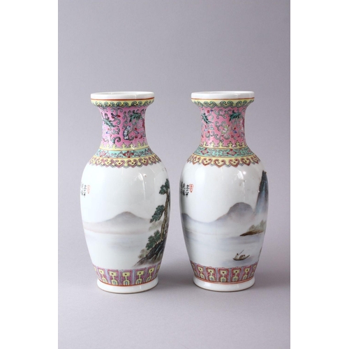 229 - A PAIR OF CHINESE REPUBLIC STYLE FAMILLE ROSE PORCELAIN VASES, decorated with landscape scenes water... 