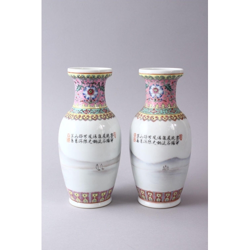 229 - A PAIR OF CHINESE REPUBLIC STYLE FAMILLE ROSE PORCELAIN VASES, decorated with landscape scenes water... 