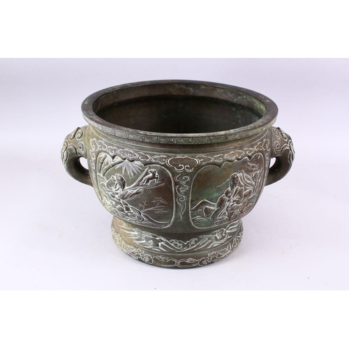 233 - A 19TH CENTURY CHINESE BRONZE IMMORTAL TWIN HANDLED CENSER, with carved panel decoration depicting i... 